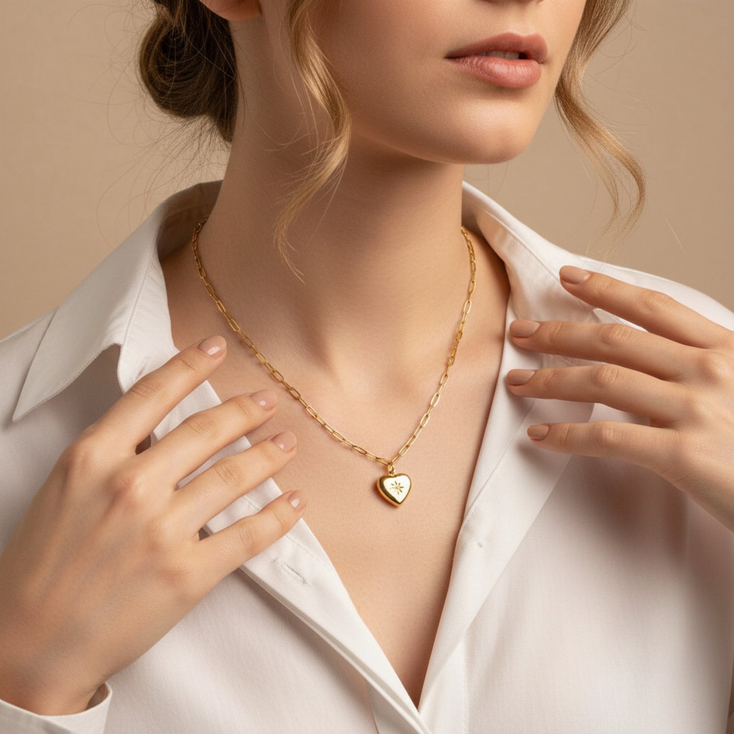 GOLD HEART LOCKET PAPERCLIP CHAIN NECKLACE
