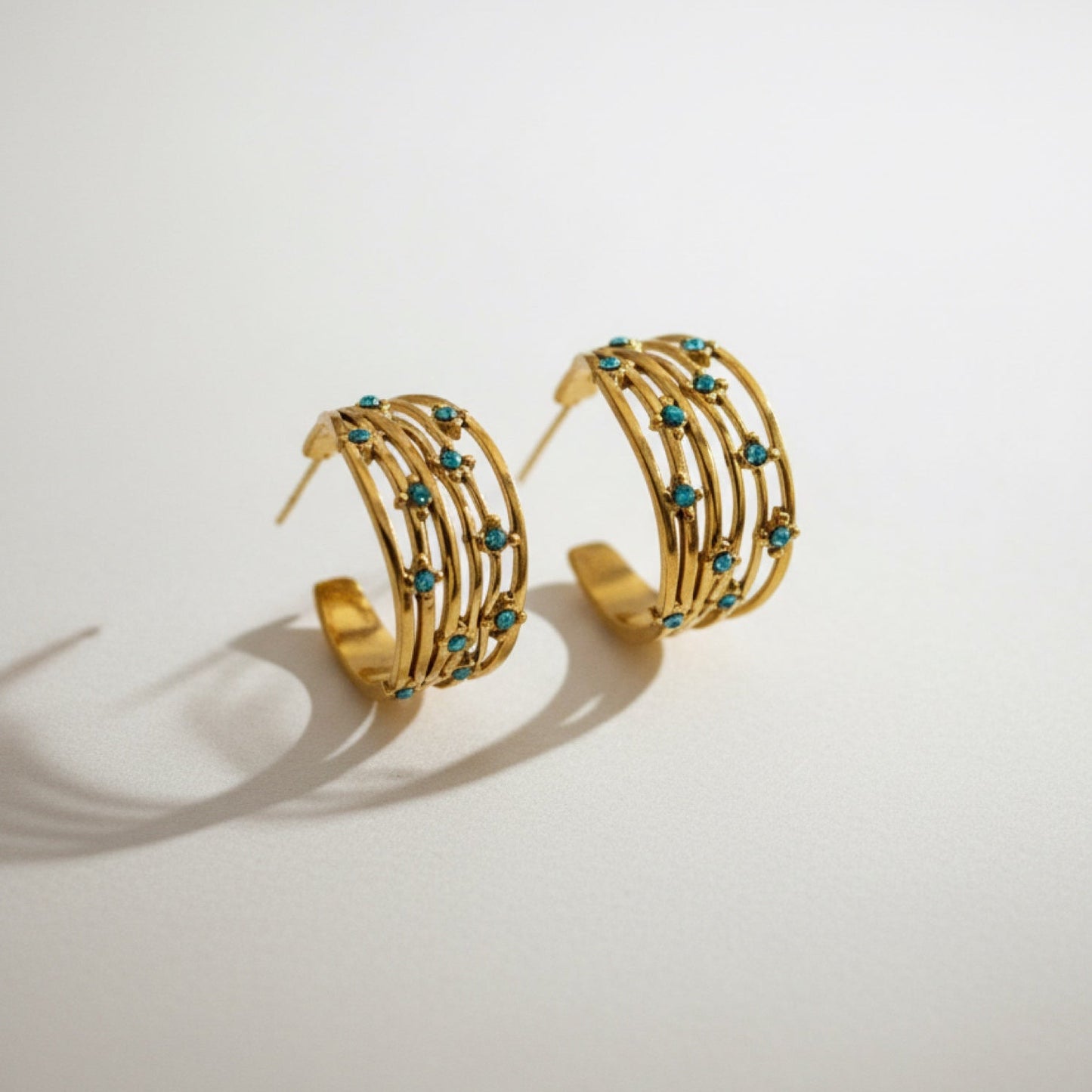 TURQUOISE RHINESTONE MULTI-ROW HOOP EARRINGS