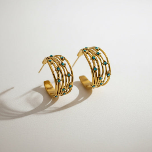 TURQUOISE RHINESTONE MULTI-ROW HOOP EARRINGS