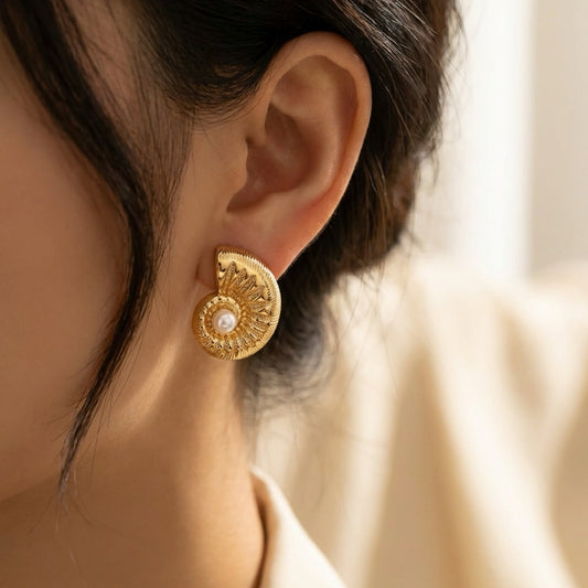 NAUTILUS SHELL PEARL STUD EARRINGS