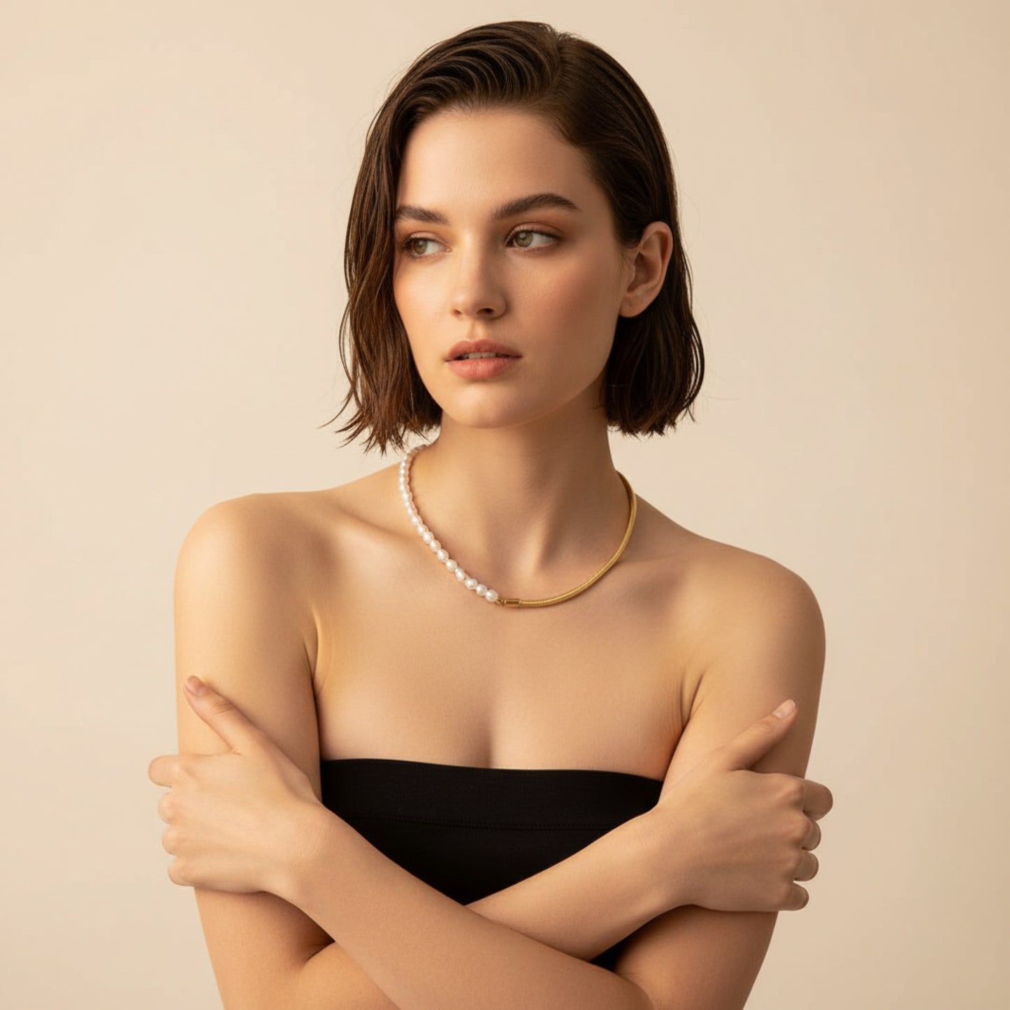 PEARL & GOLD SNAKE CHAIN HALF AND HALF NECKLACE