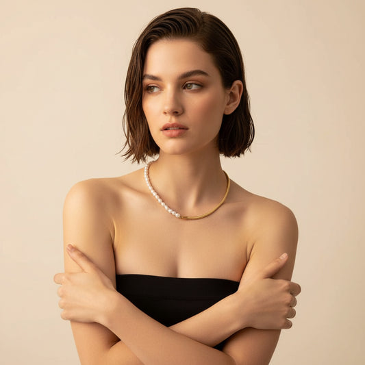 PEARL & GOLD SNAKE CHAIN HALF AND HALF NECKLACE
