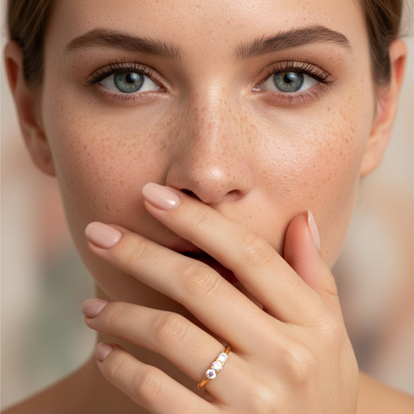 Model wearing a three-stone graduating crystal ring on a slender gold-tone band