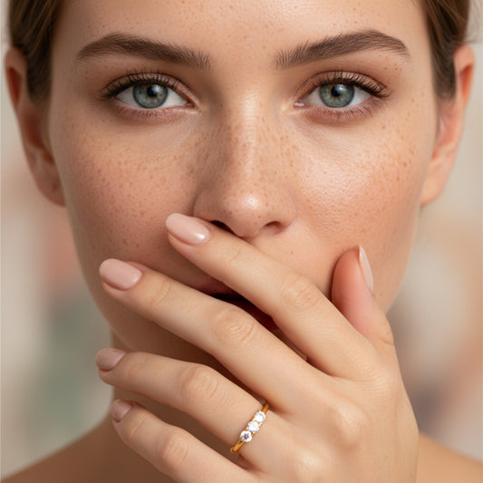 Model wearing a three-stone graduating crystal ring on a slender gold-tone band